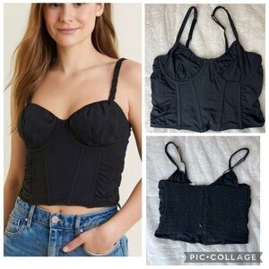Gilly Hicks Black Corset Bustier Smocked Adjustable Straps Crop Top size S